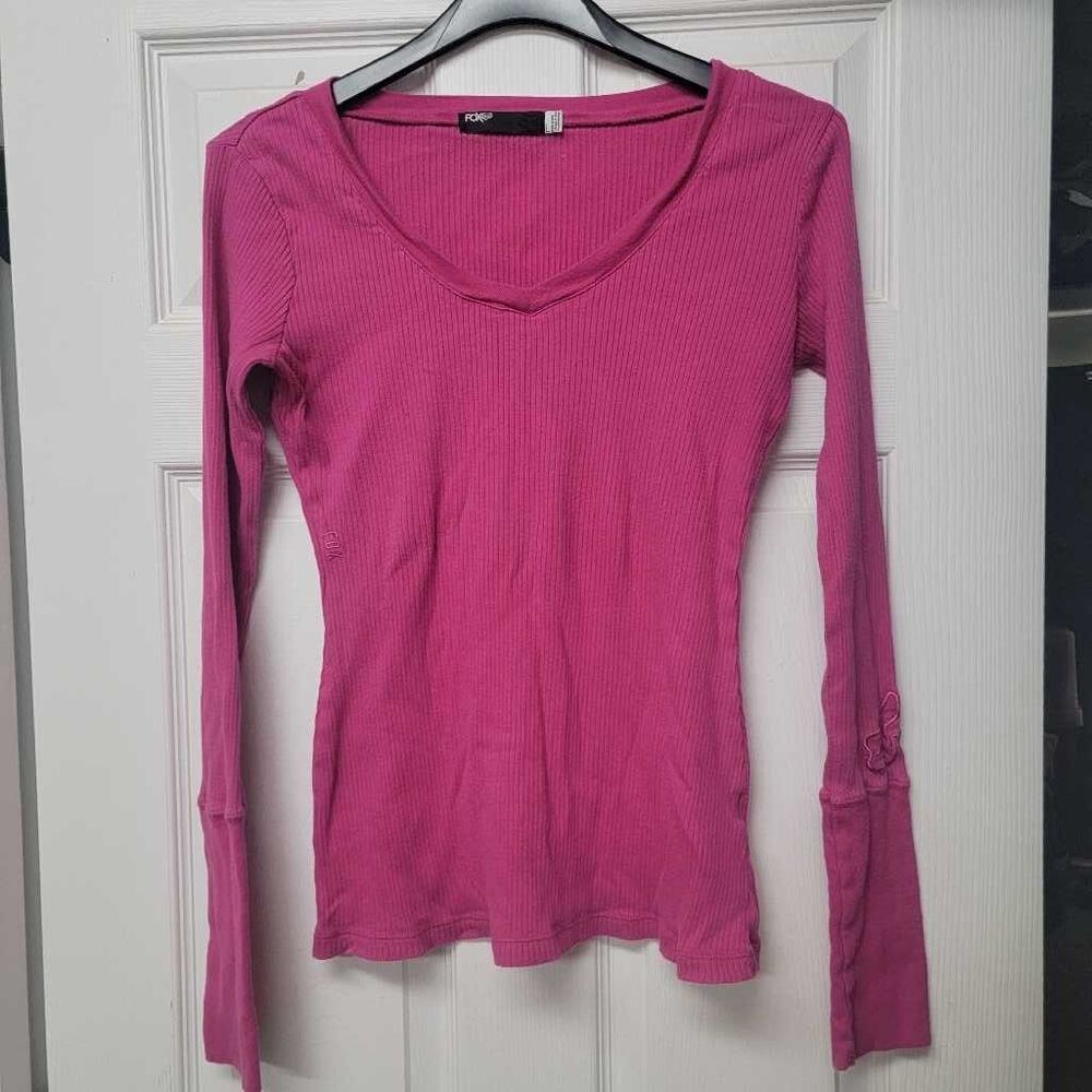 Fox Racing Women's Pink Ribbed Long Sleeve V-Neck Shirt Size L